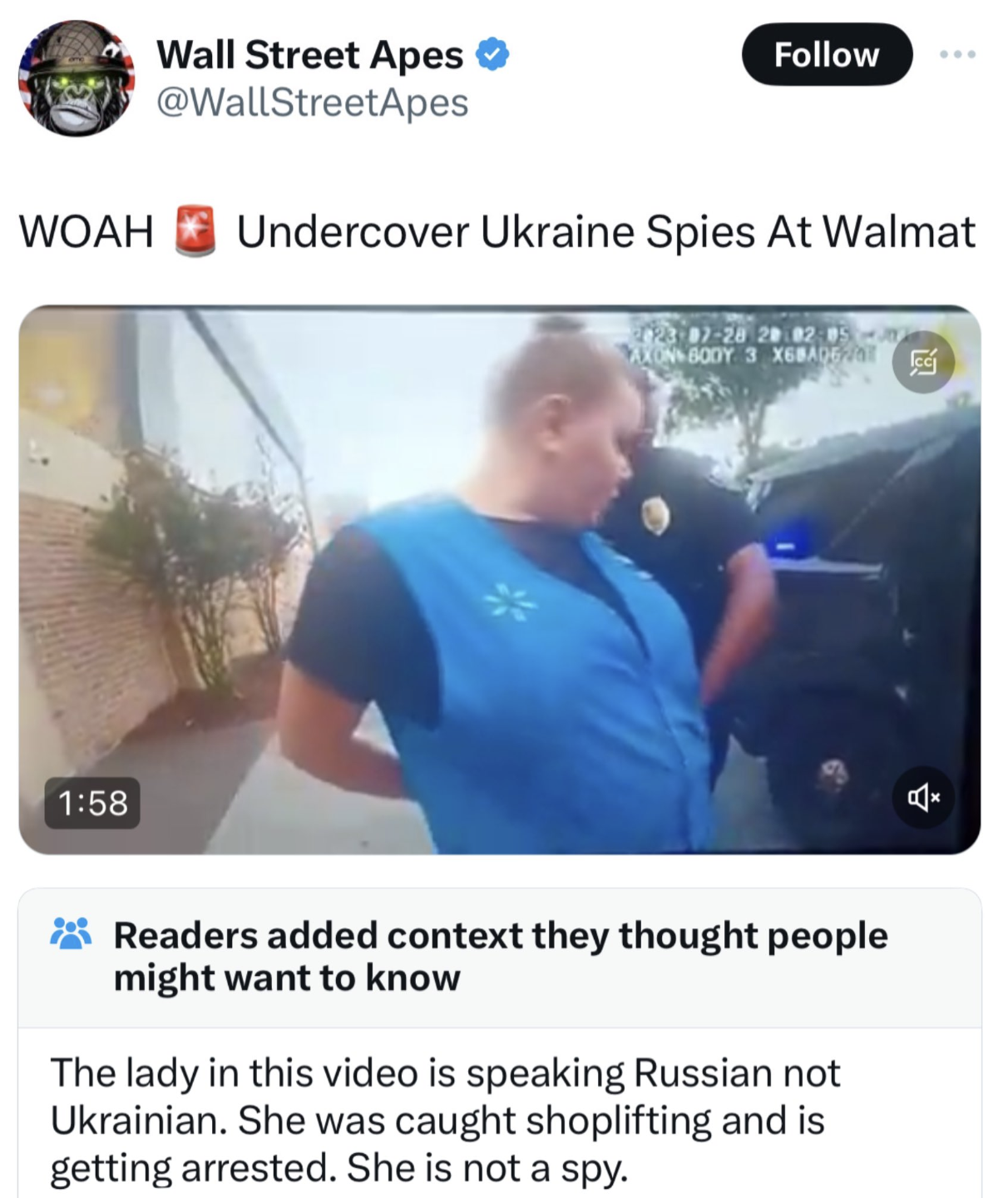 screenshot - Woah Wall Street Apes Undercover Ukraine Spies At Walmat Readers added context they thought people might want to know The lady in this video is speaking Russian not Ukrainian. She was caught shoplifting and is getting arrested. She is not a s